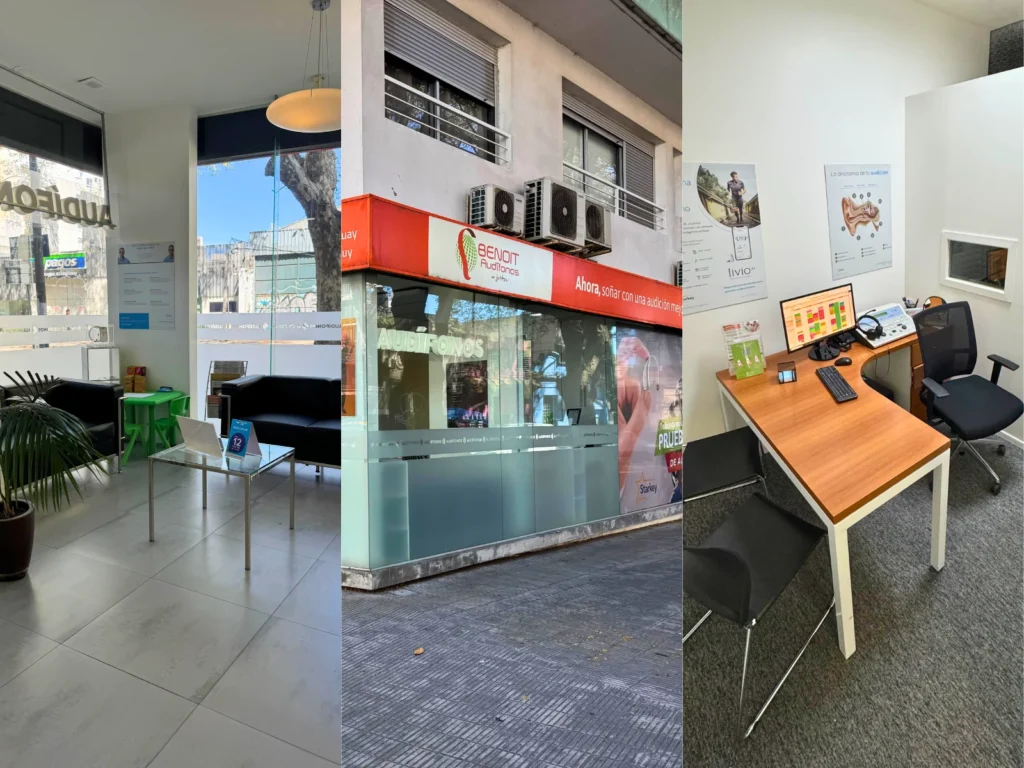 Fachada, sala de espera y consultorio de Benoit Audífonos en Av. Rivera