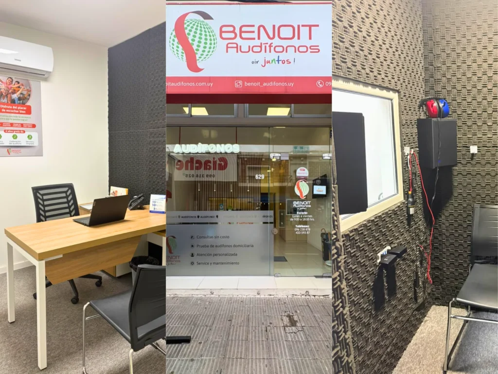 Fachada, consultorio y equipos de atención de Benoit Audífonos en Canelones