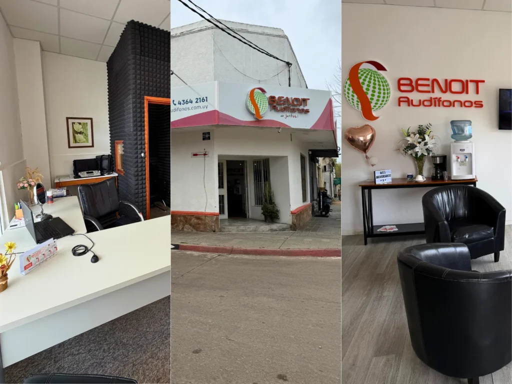 Fachada, recepción y sala de espera de Benoit Audífonos en Trinidad, Flores